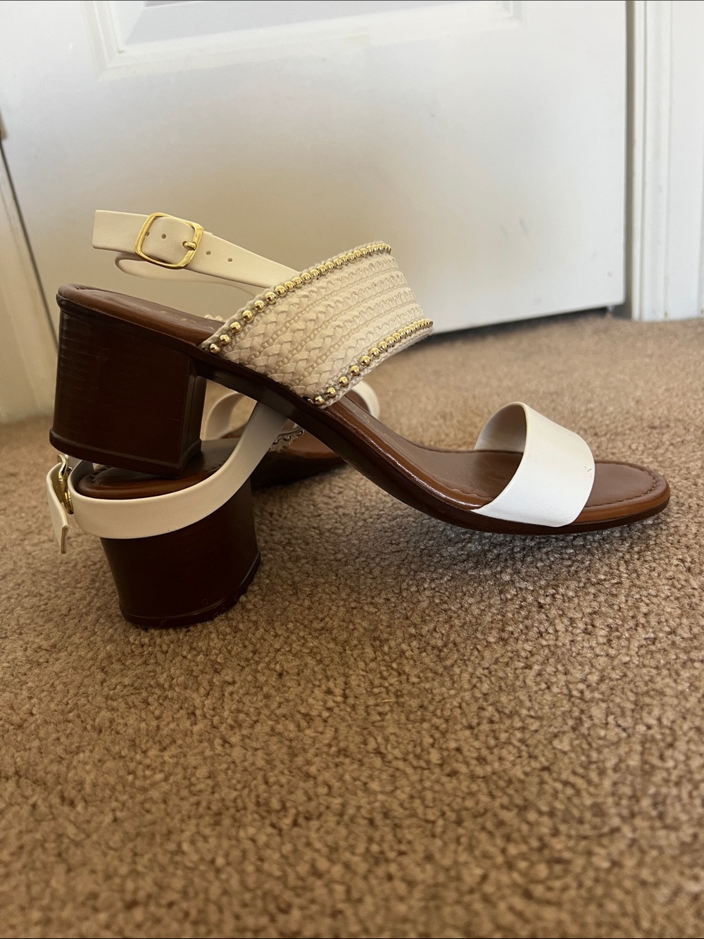 Braided Accent Cream Block Heel Sandals with Gold Trim